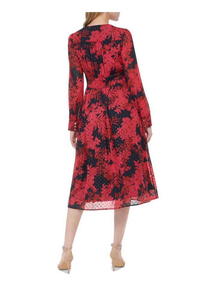 TOMMY HILFIGER Womens Navy Lined Attached Tiebelt Cuffed Sleeve Midi