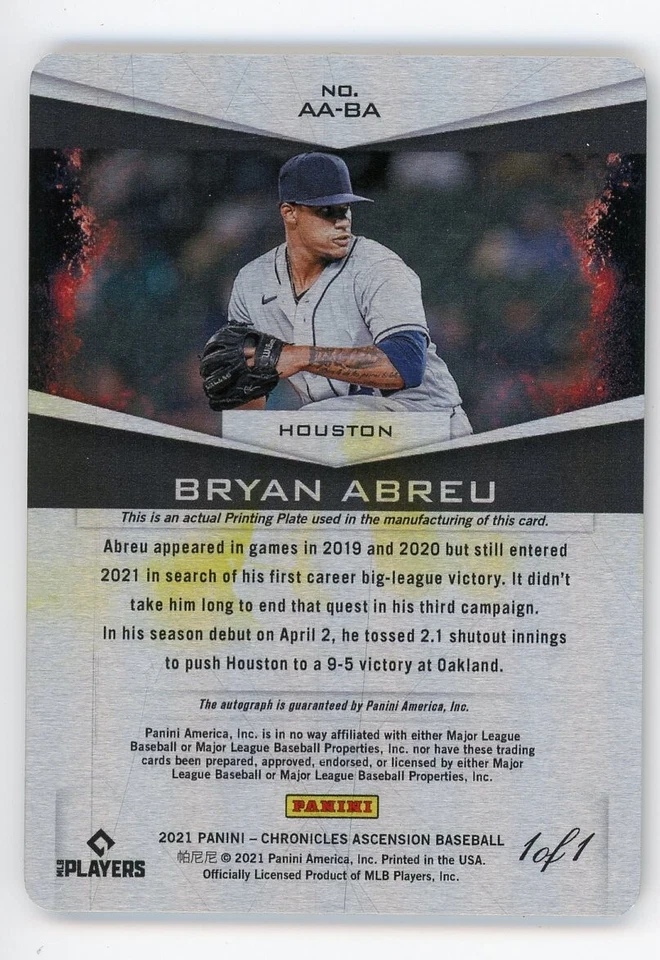 Bryan Abreu 2021 Panini Chronicles Ascension Auto Magenta Printing Plate #1/1 - Image 2 of 2