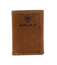 ARIAT Men's Smooth Brown Leather Trifold Wallet with Embossed Logo