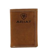 ARIAT Men's Smooth Brown Leather Trifold Wallet with Embossed Logo