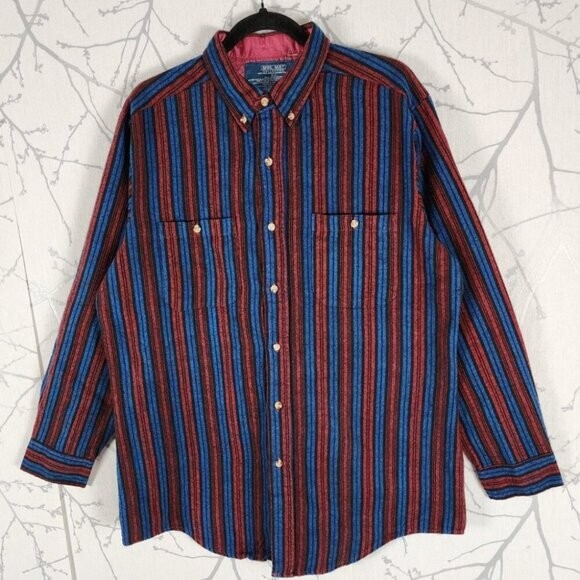 Mel Mat Blue Red Striped Heavyweight Cotton Flannel Shirt | Men's L