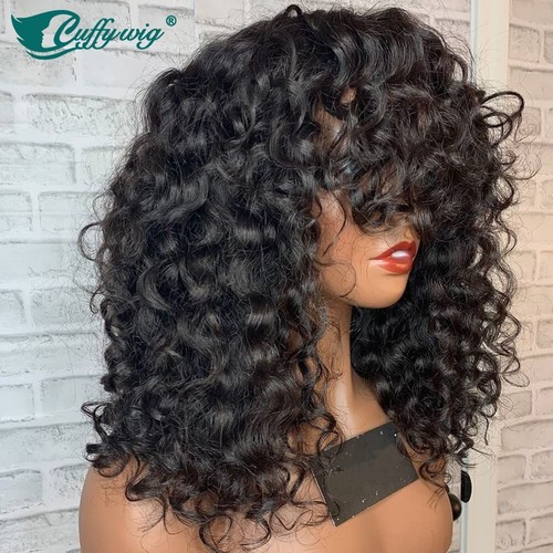 Loose Curly With Bangs Brazilian Human Hair Wigs Scalp Top Full Machine Made Wig - Picture 1 of 11