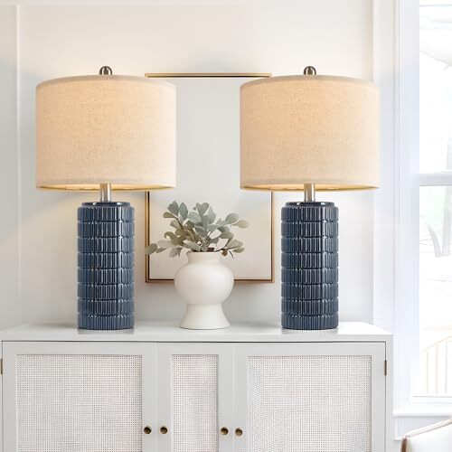 23" Blue Table Lamp, Farmhouse Bedside Lamps for Blue - 23'' Ceramic Lamp - Picture 5 of 8