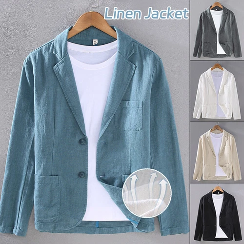 Herren Lässig Baumwolle Leinen Blazer Zwei Knopf Anzug Formell Business Jacke Slim Fit - Bild 2 von 28