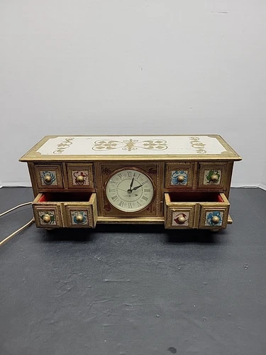 Vintage General Electric Zodiac Horoscope Florentine Jewelry Trinket Box Clock