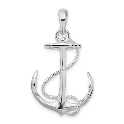 Sterling Silber rhodiniert poliert 3D Anker mit Seil Anhänger L-1,27 Zoll
