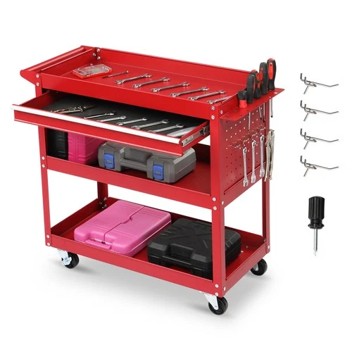 Rolling Tool Cart Service Cart with Drawers & Pegboard & Hooks for Garage Red