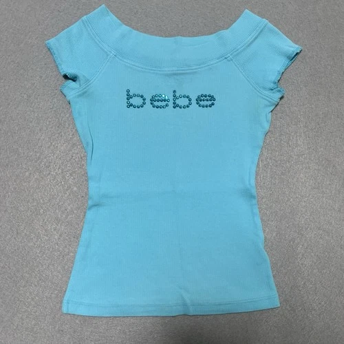 Bebe Top Ribbed Cap Sleeves Size M Rhinestones Logo Aqua Blue Y2K