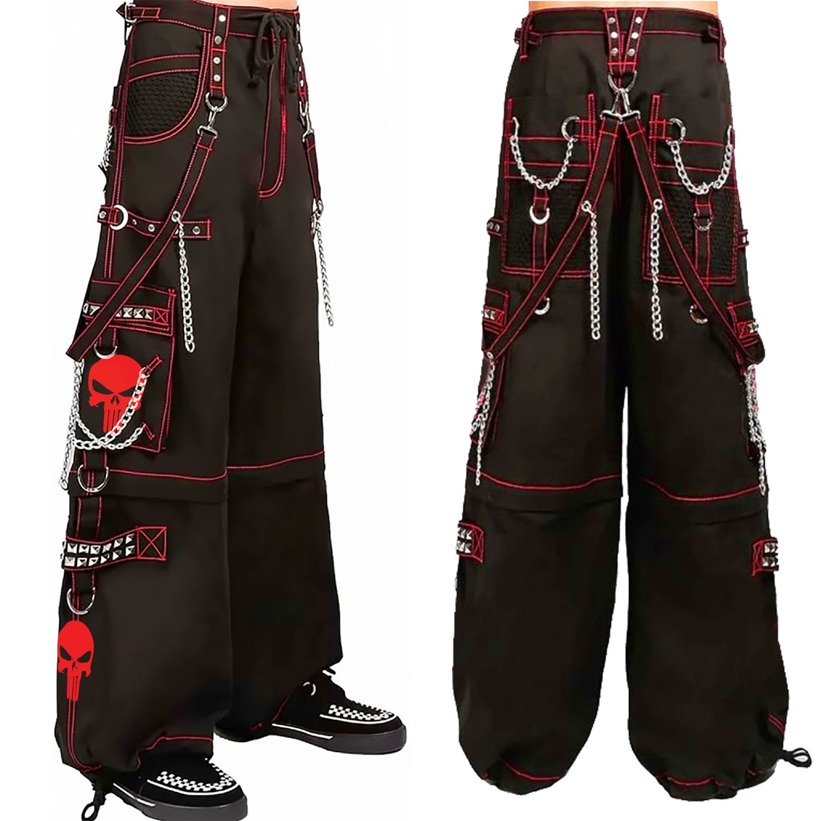 Puritues Goth Cyberpunk Rave Men's Baggy Trousers Black Red Chain Skull Pants