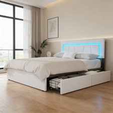 4 DRAWER STORAGE UPHOLSTERED BED FRAME 4FT6 DOUBLE BED WITH USB PORT & LED Kkatz