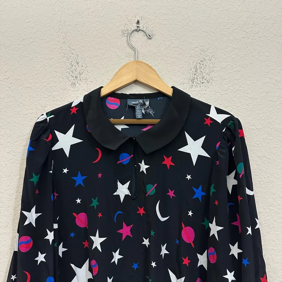 MODCLOTH Mini Shift Dress Women 3X Plus Black Stars Celestial Galaxy Puff Sleeve - Image 3 of 4