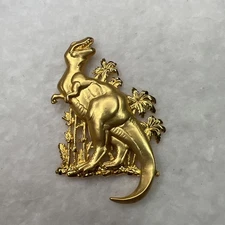 VTG JJ Dinosaur Brooch Gold Tone 2.5” Jurassic Rex Figural Pin Signed Jonette