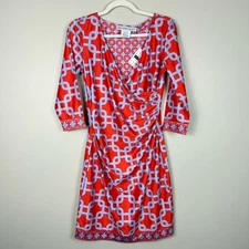 Gretchen Scott Designs Dress Womens XS Red White Geometric 3/4 Sleeve V-Neck
