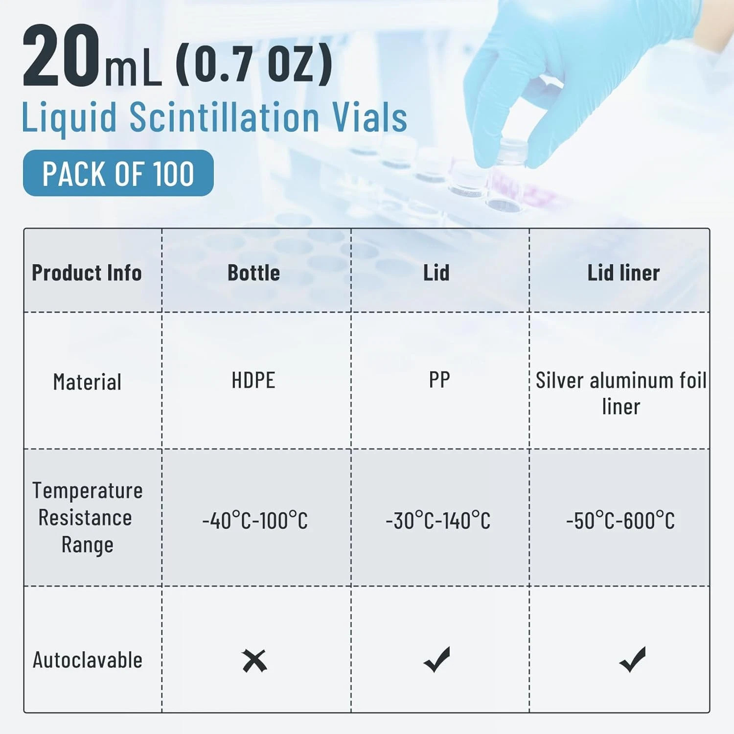 500Pcs 20mL Scintillation Vial HDPE Scintillation Vials w/22-400 White Screw Cap