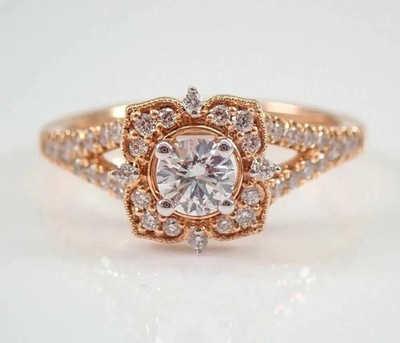 2 kt Rundschliff Laborgefertigter Diamant Blume Halo Verlobungsring 14 K Rotgold FN