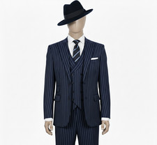 Men Nevy Blue Pinstripe 3-Piece Suit Slim fit One Button Gangster Stripped Suits