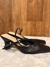 Italian black leather square toe slingback heels vintage EU 37