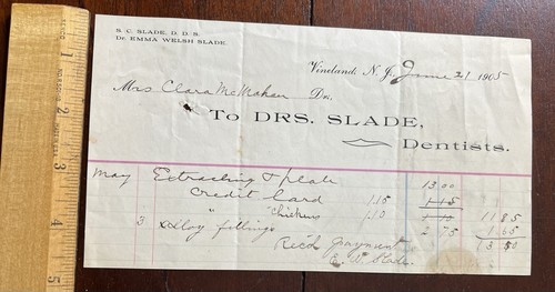 Vintage Drs. Slade Dentist, Billhead, 1905, - Picture 1 of 2