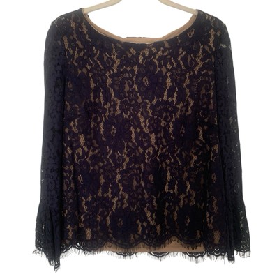 NWT Rose + Olive Lace Top Women s Small Navy & Nude Bell Sleeve Eyelash Lace