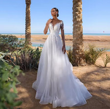 Summer Glitter Wedding Dress Bridal Gown Illusion Long Sleeves Lace Scoop Neck