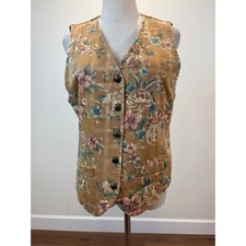Vtg 90s Tapestry Vest Women M Gold Floral Waistcoat V-Neck cottagecore Victorian