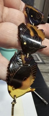 Vintage Fish Link Bracelet Faux Tortoise Shell Celluloid Gold Filled Clasp 7'' In