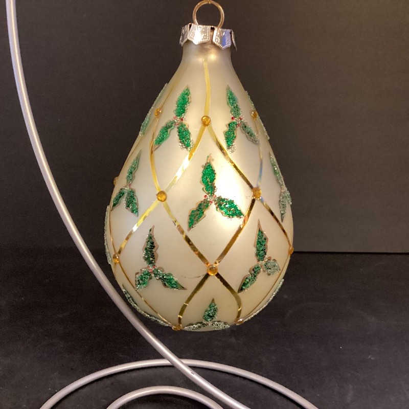 Large Teardrop Glass Ornament With Glitter Beads, Sequins Holly, Gold Stripes 
