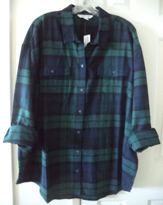 Emerald Forest Green Blue Black Plaid Oversize Flannel Shirt 2XL 3X 22 24 XXL 2X
