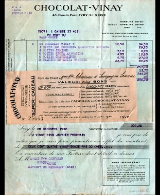 IVRY-sur-SEINE (94) CHOCOLATE CONFECTIONERY ''VINAY'' Invoice + GIFT VOUCHER in 1932