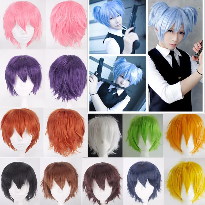 Boy Mens Anime 12Short Wig Cosplay Party Straight Hair Cosplay Full Wigs  Grey F