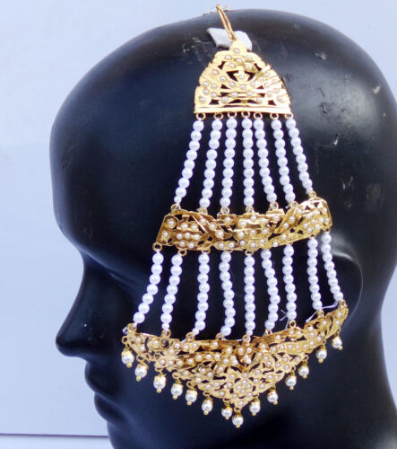 Ethnic Head Accessories Indian Dulhan Pearl Cz Tikka Paasa Jewelry Side Jhoomar - Picture 1 of 4