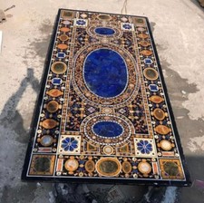 Table à manger en marbre noir, art mosaïque lapis semi précieux, meuble de salon