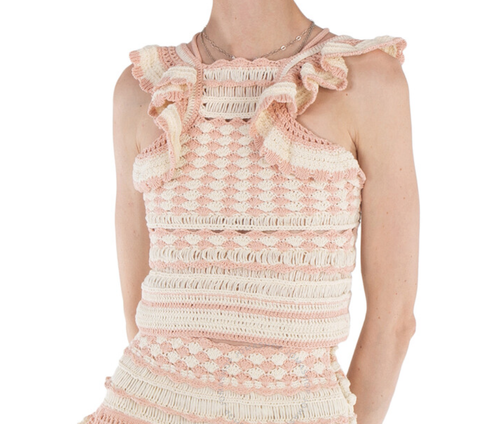 Zimmermann Clover Crochet Halter Tank Crop Top Pink Cream Ruffle Tie Size US 4