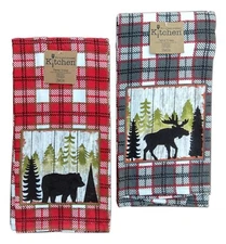 Set of 2 MOOSE & BEAR Plaid Simple Living Lodge Kitchen Terry Towels by Kay Dee