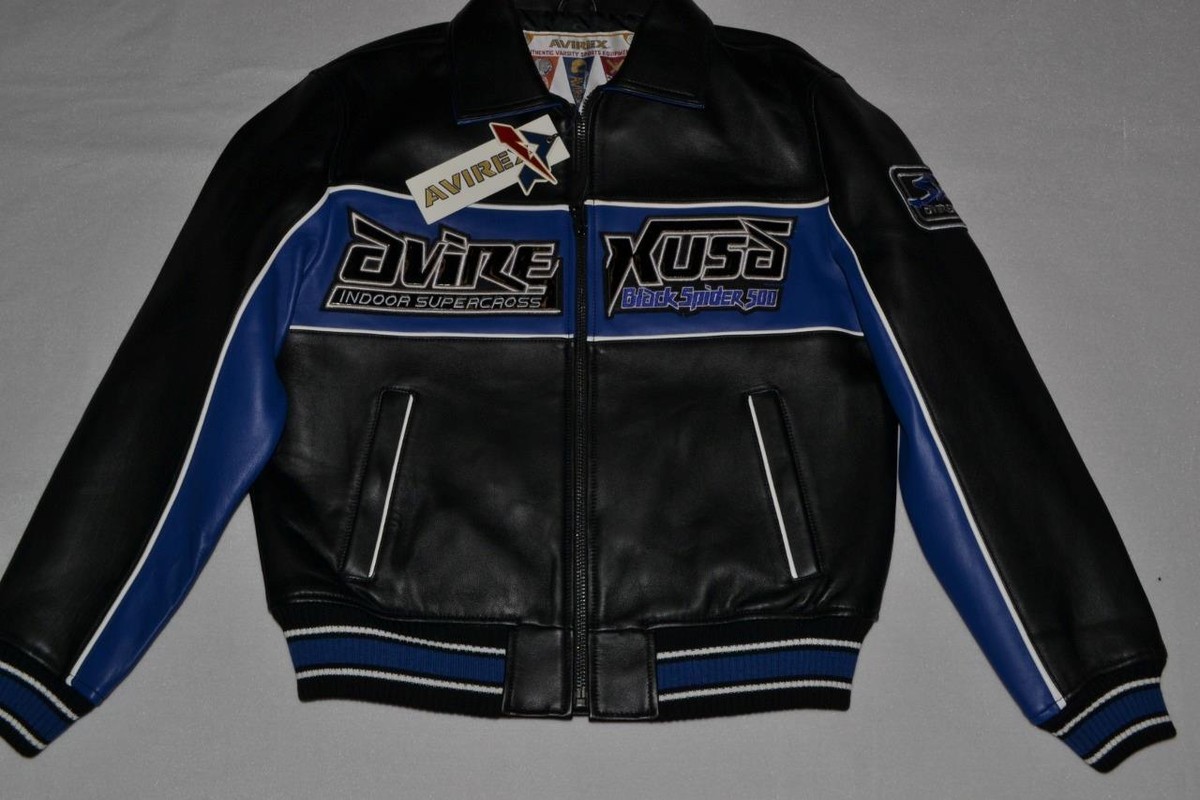 AVIREX　TRACK LEATHER JACKET AUTHENTIC Avirex Leather BLACK BLUE SPIDER RACER JACKET MENS