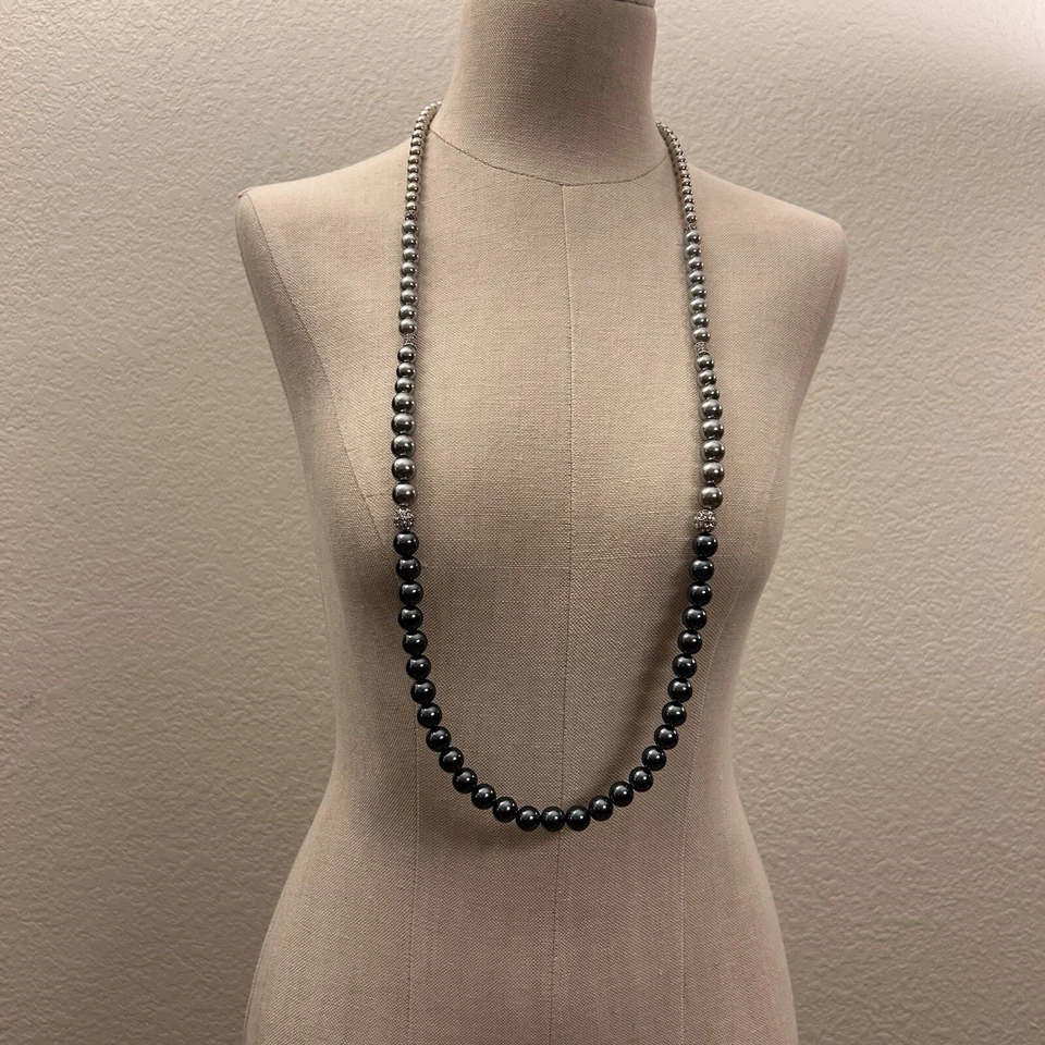 Длинный трехцветный серебро олова бисером жемчуг ожерелье со стразами акценты комплект - Изображение 3 из 4