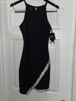 women's size small black sleeveless mini dress silver Dimond trim, built in bra