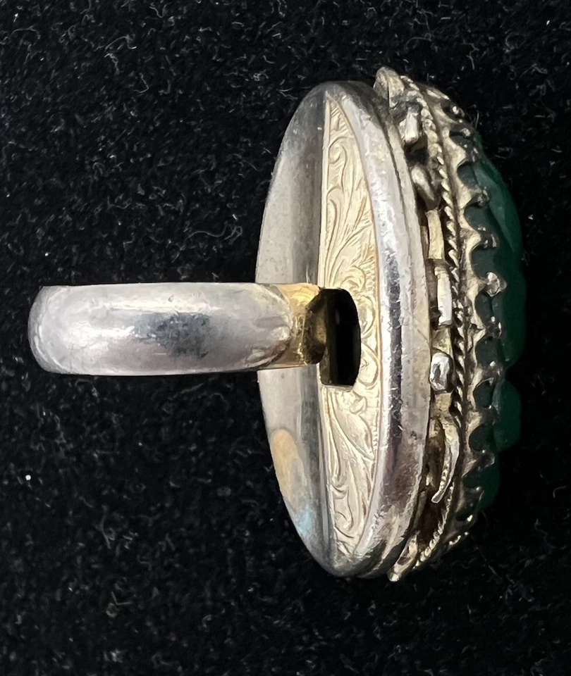 Anillo Art Deco Plata Calcedonia Tallada Verde Natural Pesado Tallado Grande Talla 7.75 Foto 3 de 4