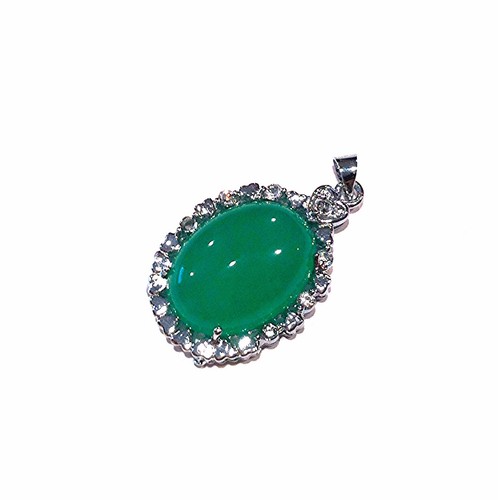 Green Jade Pendant with Oval Shape Design with Rhodium Plated Bail Silver Tone - Picture 4 of 4