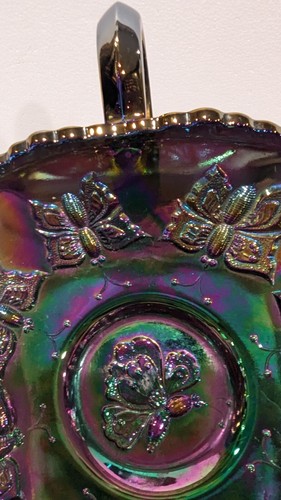 Vintage Fenton Iridescent Carnival Glass Butterfly Dish Base Glass is Amethyst - Picture 9 of 12
