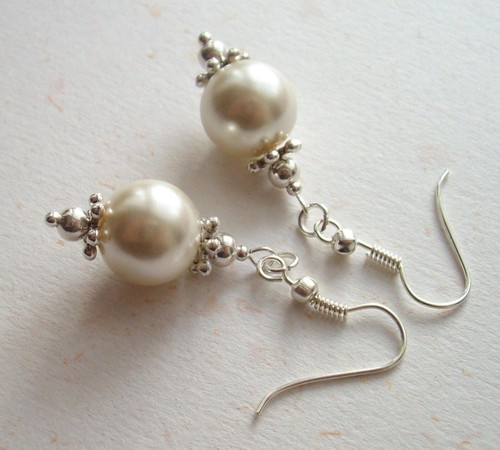 Large White Glass Pearl Vintage Styled Silver-Plated Drop Earrings in Gift Bag - Picture 4 of 5