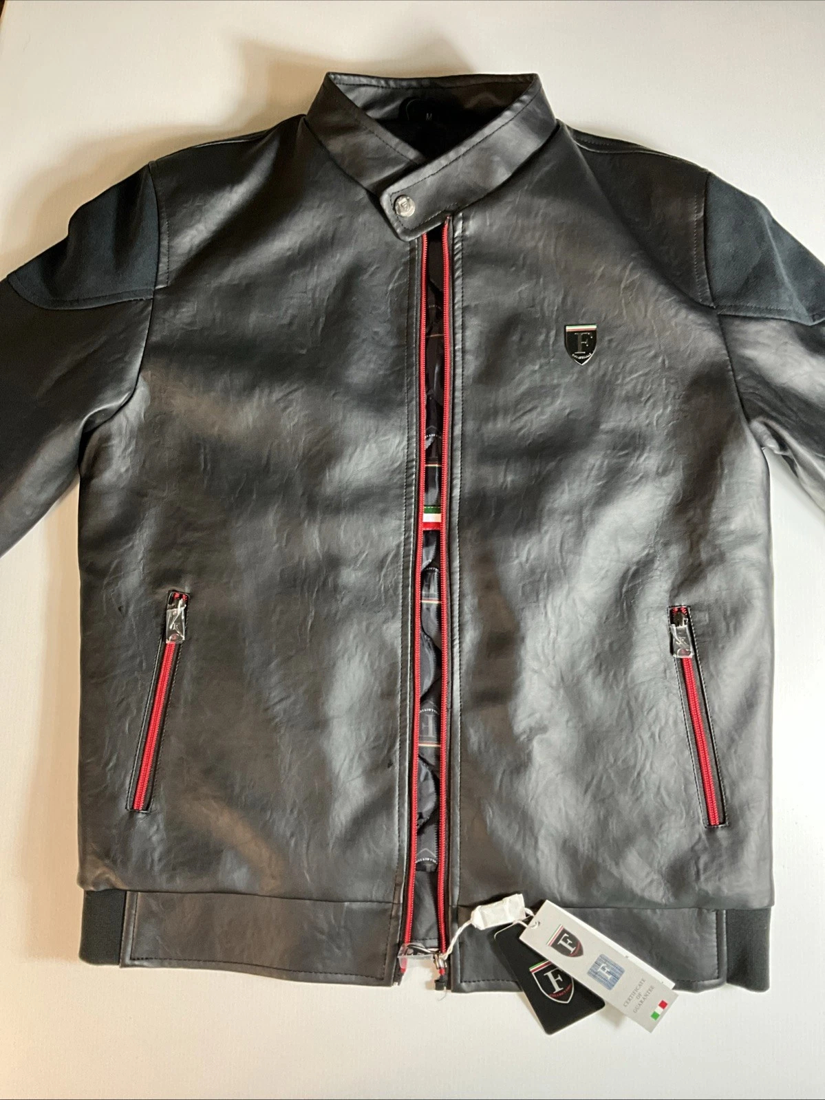 NWT F Collections Men’s Medium Black Faux Leather Moto Jacket Red Zippers image 4