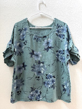 Elena Baldi Linen Top Womens Medium Green Floral Italy Ruffle Sleeve Coastal