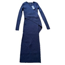 Eli Tahari Rib Knit Faux Wrap Midi Sweater Dress Navy Women's Medium 12/14 NWT