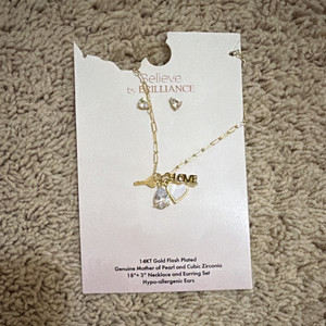 Authentic Believe by Brilliance Gold Plated Heart CZ Mother of Pearl Necklace Earrings Set