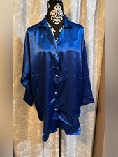 Vtg Gold Label Victoria  s Secret Sz P/S Night Cobalt Blue Satin Sleep Shirt S