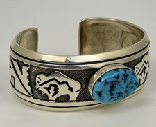 Vintage Thomas Singer 925 Sterling Silver Stamped Bison Bracelet with Turquoise