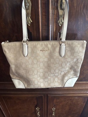 Coach Medium Tote Signature Canvas in Light Tan Gold Hardware Leather Trim