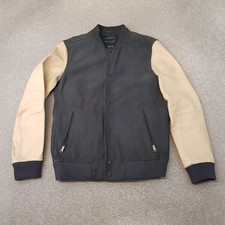 All Saints Jacket Medium Beige Grey Bleek Suede Leather Bomber Cafe Biker Racer