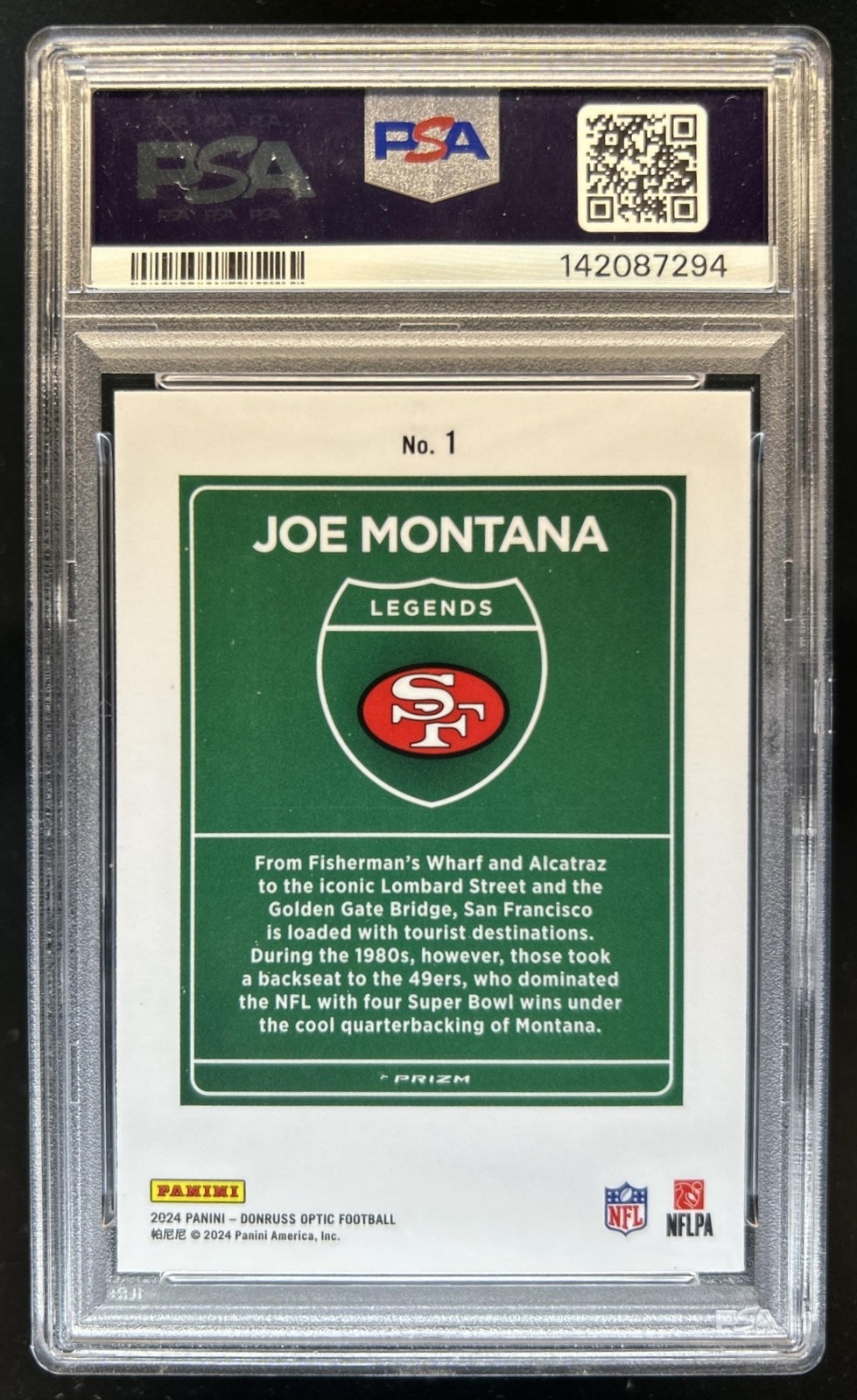2024 Panini Donruss Optic Joe Montana Downtown Legends SSP #1 49ers PSA 10 view 2
